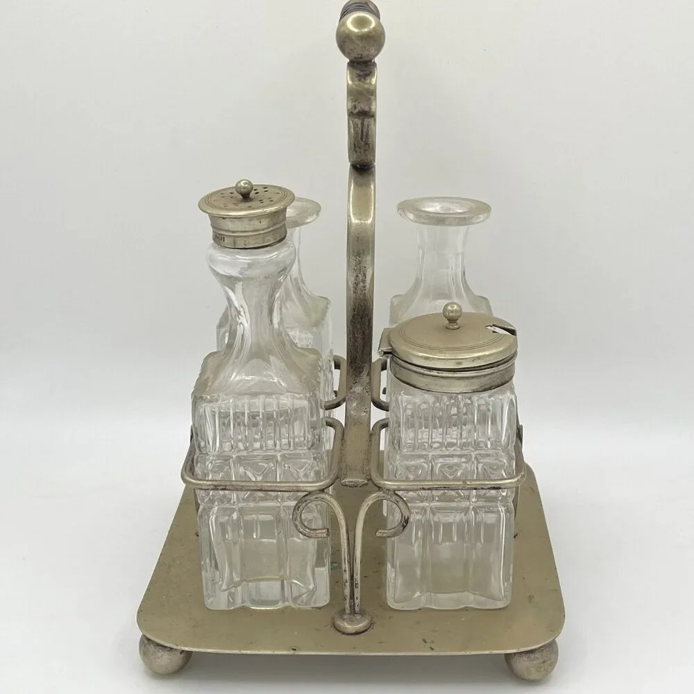 Antique Victorian EPNS Cruet Castor Set Pressed Glass Bottles Silverplate Stand